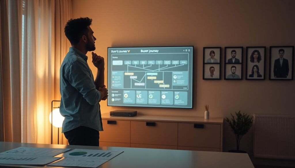 A thoughtful consumer stands in a warm, well-lit room, studying a holographic display of their buyer's journey. Soft lighting illuminates the scene, casting a pensive glow. In the foreground, a sleek, minimalist desk showcases various analytical charts and graphs, data points representing the nuanced stages of the purchase process. The middle ground reveals a large, high-resolution screen, projecting a detailed visualization of the customer's path to purchase, complete with key touchpoints and conversion funnels. In the background, a series of framed personas hang on the wall, each offering insights into the motivations and behaviors of the target audience. The overall atmosphere is one of careful consideration and strategic planning, reflecting the importance of deeply understanding the prospect and their buying habits.