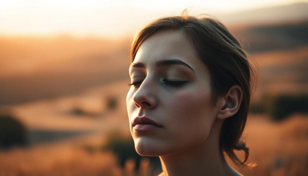 A thoughtful, serene portrait of the psychological foundations of empathy. In the foreground, a serene human face, eyes closed, expression calm and introspective. The midground features soft, blurred shapes and textures, subtly evoking the inner workings of the mind. The background is a warm, diffuse landscape, bathed in gentle, natural lighting that casts a contemplative glow. The overall mood is one of quiet introspection, inviting the viewer to reflect on the profound psychological underpinnings of empathetic understanding.