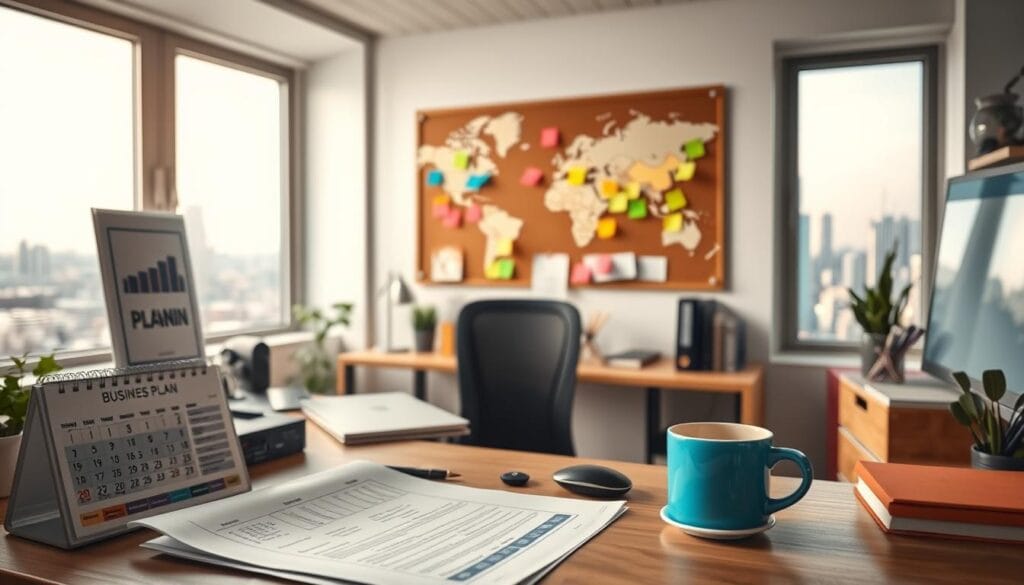 A well-lit home office with a desk, computer, and carefully arranged office supplies. In the foreground, a business plan, calendar, and a cup of coffee set the scene for strategic planning. The middle ground features a corkboard with colorful sticky notes and a map, indicating the targeted sales regions. In the background, large windows offer a view of a vibrant city skyline, hinting at the broader business landscape. The overall atmosphere is one of focused preparation, attention to detail, and a sense of anticipation for the upcoming targeted sales campaign. A well-lit home office with a desk, computer, and carefully arranged office supplies. In the foreground, a business plan, calendar, and a cup of coffee set the scene for strategic planning. The middle ground features a corkboard with colorful sticky notes and a map, indicating the targeted sales regions. In the background, large windows offer a view of a vibrant city skyline, hinting at the broader business landscape. The overall atmosphere is one of focused preparation, attention to detail, and a sense of anticipation for the upcoming targeted sales campaign.