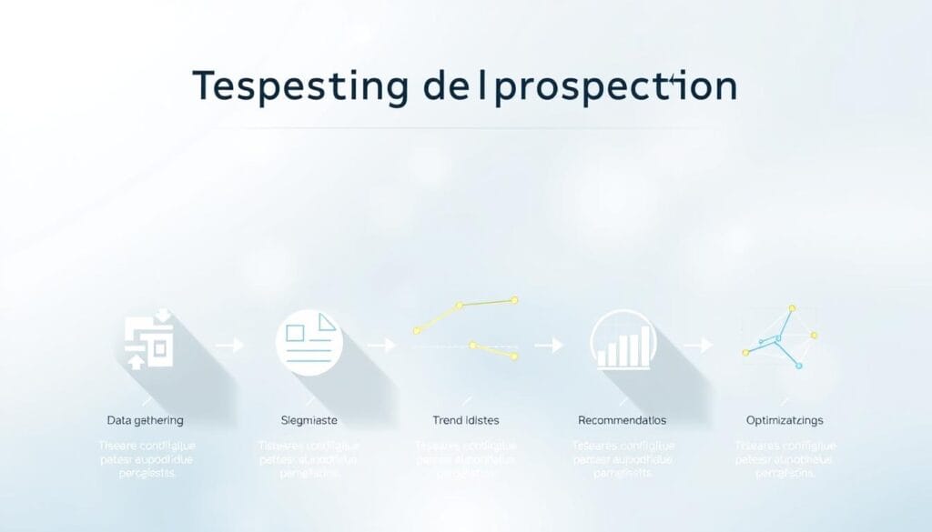 Étapes clés de l'analyse de prospection: A sleek, minimalist infographic depicting the key steps in a prospecting data analysis workflow. In the foreground, clean geometric shapes and icons represent each stage - data gathering, cleaning, segmentation, trend identification, and optimization recommendations. The middle ground showcases subtle line graphs and charts visualizing the analytical insights. The background features a soft, blurred gradient in cool, professional tones, complementing the modern, data-driven aesthetic. Crisp shadows and balanced lighting create depth and dimensionality, while the overall composition is arranged with a fluid, intuitive flow. The image conveys a sense of structured, efficient data-driven decision making. Étapes clés de l'analyse de prospection: A sleek, minimalist infographic depicting the key steps in a prospecting data analysis workflow. In the foreground, clean geometric shapes and icons represent each stage - data gathering, cleaning, segmentation, trend identification, and optimization recommendations. The middle ground showcases subtle line graphs and charts visualizing the analytical insights. The background features a soft, blurred gradient in cool, professional tones, complementing the modern, data-driven aesthetic. Crisp shadows and balanced lighting create depth and dimensionality, while the overall composition is arranged with a fluid, intuitive flow. The image conveys a sense of structured, efficient data-driven decision making.