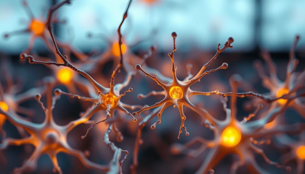 Prompt A close-up view of a group of interconnected neurons, their synaptic connections forming an intricate web of neural pathways. The neurons are lit from within, their delicate structures illuminated by a soft, warm glow, evoking a sense of empathy and emotional resonance. The scene is rendered in a photorealistic style, with a shallow depth of field that focuses the viewer's attention on the intricate details of the neural network. The background is subtly blurred, creating a sense of depth and emphasizing the central subject. The overall mood is one of contemplation and understanding, reflecting the neuroscientific perspective on the role of mirror neurons in empathic processing.