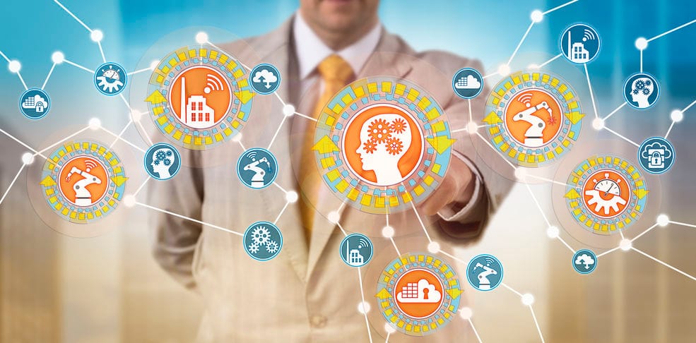 Homme d'affaires interagissant avec des icônes numériques représentant l'intelligence artificielle, la formation continue, les technologies et l'industrie connectée en réseau.