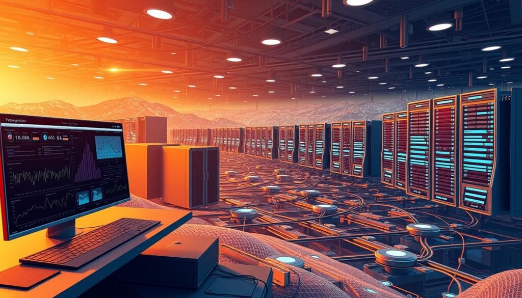 A digital landscape depicting an automated lead generation system. In the foreground, a sleek user interface with data visualizations and analytics dashboards. In the middle ground, a series of interconnected workflow modules processing lead data. In the background, a vast network of servers and cloud infrastructure powering the entire system. Warm, metallic tones convey a sense of precision and efficiency. Soft, directional lighting illuminates the scene, creating depth and atmosphere. The overall impression is one of a well-oiled, sophisticated B2B lead generation machine.