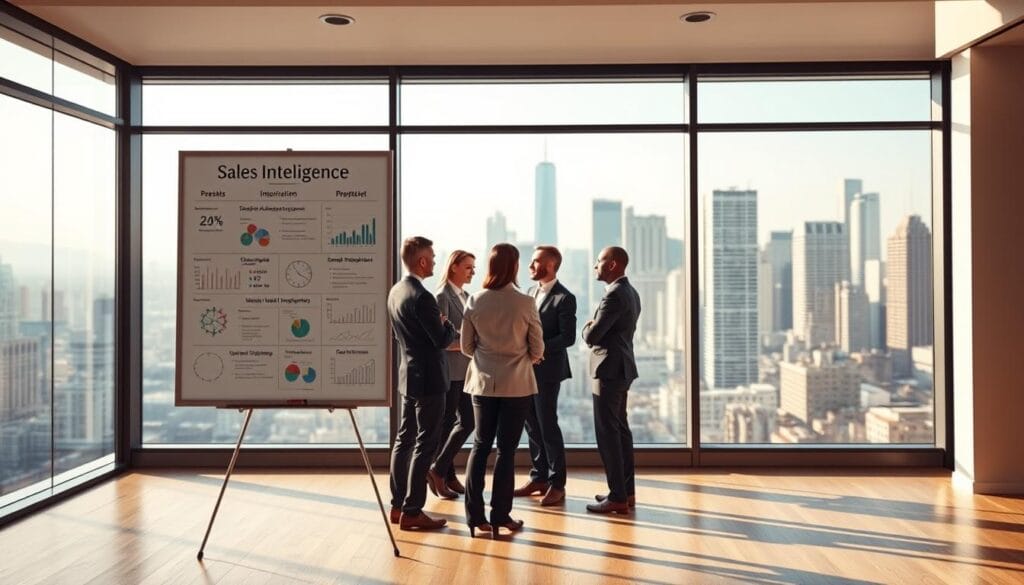 A modern, minimalist office setting with a large whiteboard or bulletin board in the foreground, displaying key sales intelligence insights and metrics. In the middle ground, a team of professionals in business attire are collaborating and discussing the information on the board. The background features floor-to-ceiling windows overlooking a vibrant city skyline, bathed in warm, natural lighting. The overall scene conveys a sense of productive energy, efficiency, and the strategic advantages of leveraging sales intelligence to drive business growth.