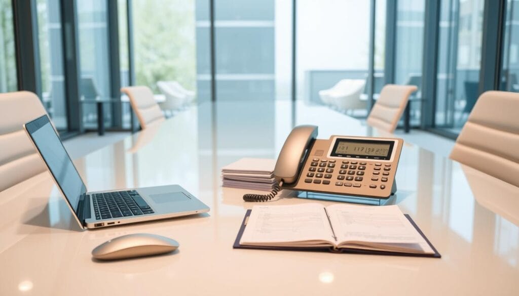 A modern office interior with a polished glass-topped desk and minimalist white chairs. In the foreground, a laptop, a wireless mouse, and a stack of folders sit neatly arranged. The middle ground features a sleek, silver landline phone and a planner open to a page showing a schedule of upcoming appointments. The background showcases floor-to-ceiling windows, allowing natural light to flood the space and create a calming, professional atmosphere. The scene conveys a sense of efficiency, organization, and a focus on business operations, suitable for a platform that specializes in outsourcing appointment scheduling.