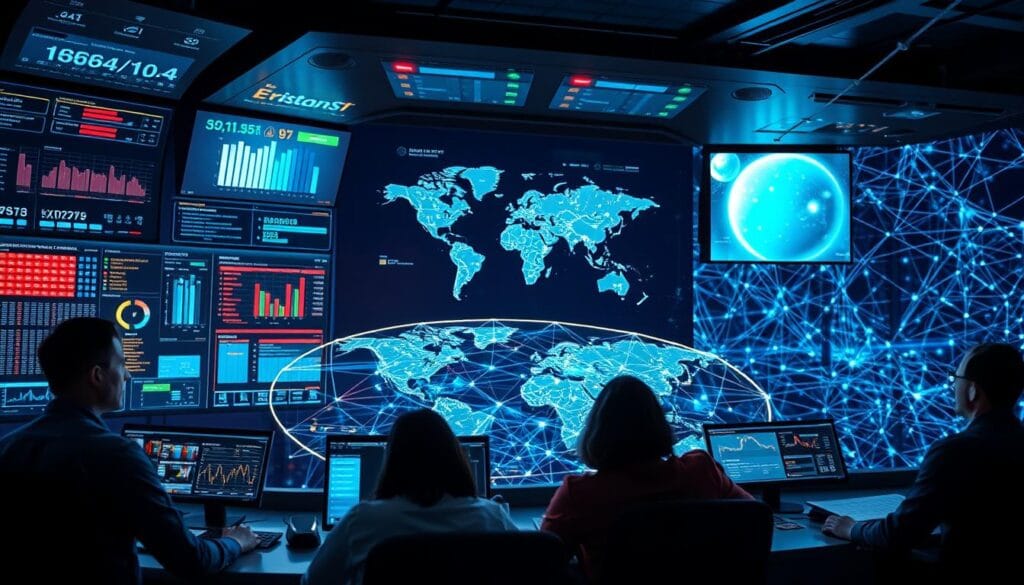 A visually striking image of commercial intelligence, showcasing a high-tech command center with sleek displays, data visualizations, and complex algorithms. The foreground features a team of analysts intently studying the information, their faces illuminated by the soft glow of the screens. The middle ground depicts a 3D holographic map, pulsing with real-time data and market trends. In the background, a vast network of interconnected nodes and data streams weave an intricate tapestry, hinting at the vast scope and complexity of commercial intelligence. The overall atmosphere is one of focus, innovation, and the power of data-driven decision-making.
