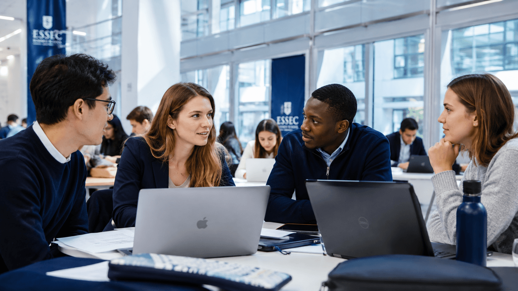 Groupe d'étudiants du Programme Grande École discutant autour d'ordinateurs portables dans un campus moderne lumineux avec baies vitrées.
