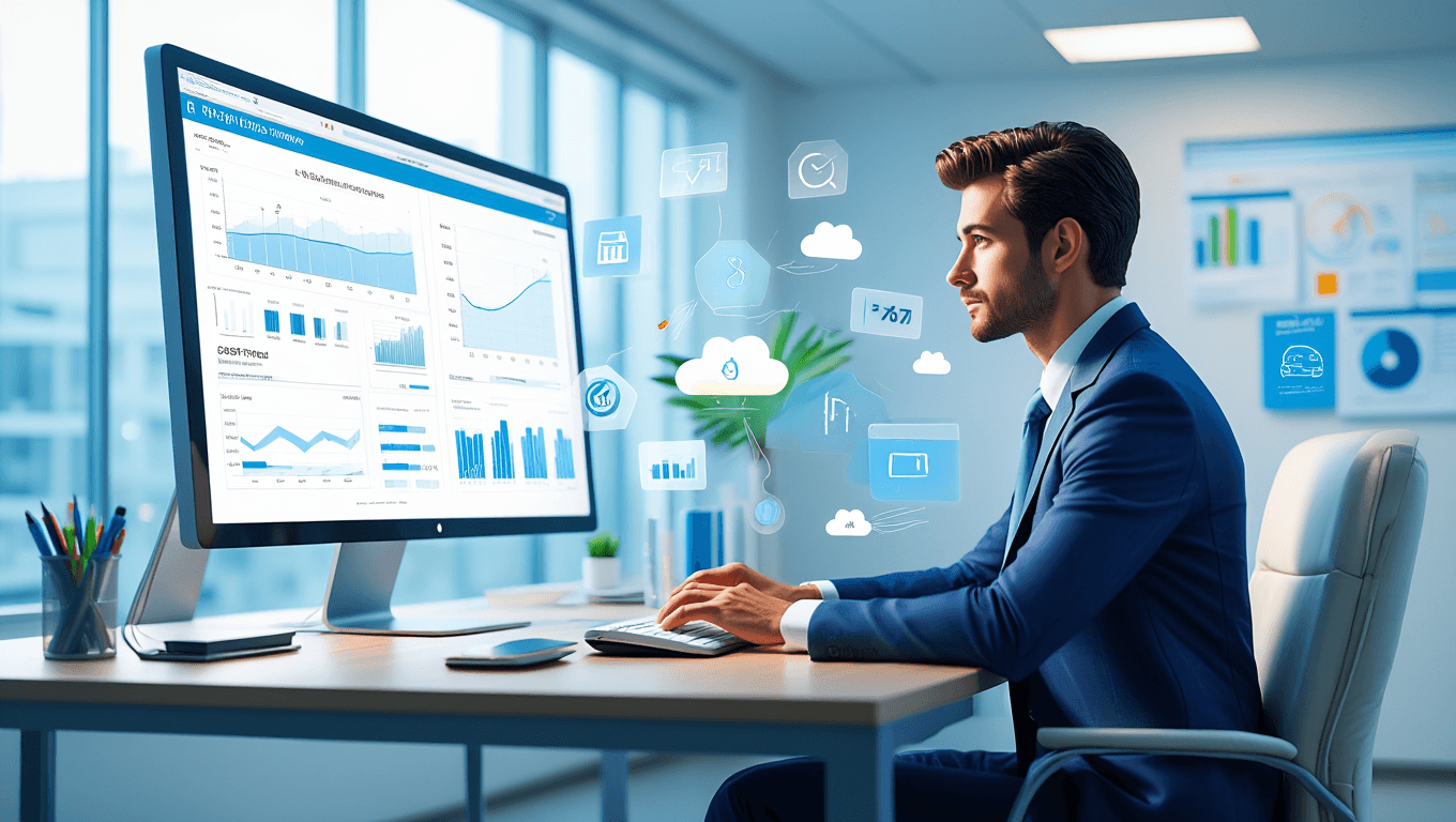 Pourquoi une bonne gestion comptable est devenue essentielle pour les petites entreprises en 2026 ? 4 Homme en costume bleu travaillant sur un ordinateur affichant des graphiques de gestion comptable et des icônes cloud pour petites entreprises.