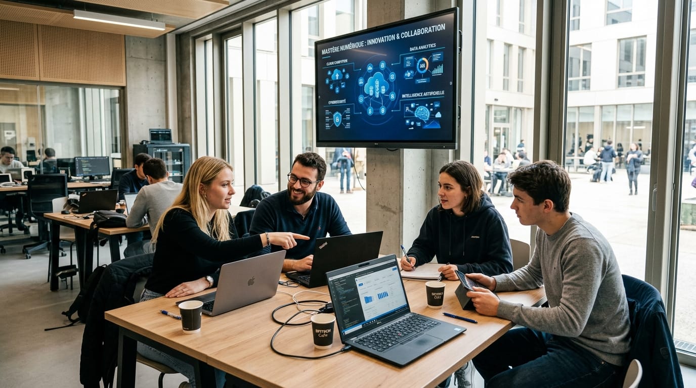 Équipe de cinq professionnels collaborant autour d'ordinateurs portables dans un espace moderne de mastère numérique, avec écran affichant innovation et intelligence artificielle.