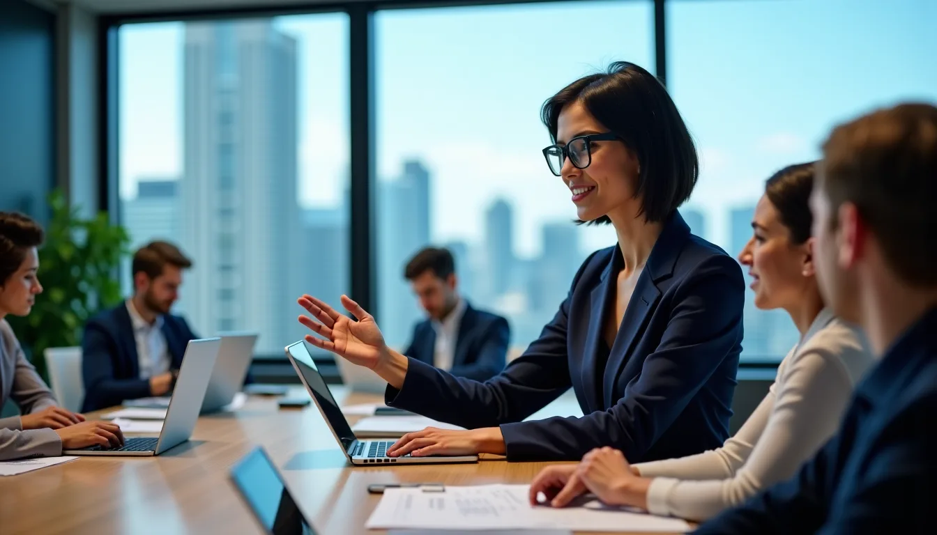 Femme en blazer noir portant des lunettes, présentant lors d'une réunion d'affaires dans un bureau moderne avec vue sur la skyline urbaine.