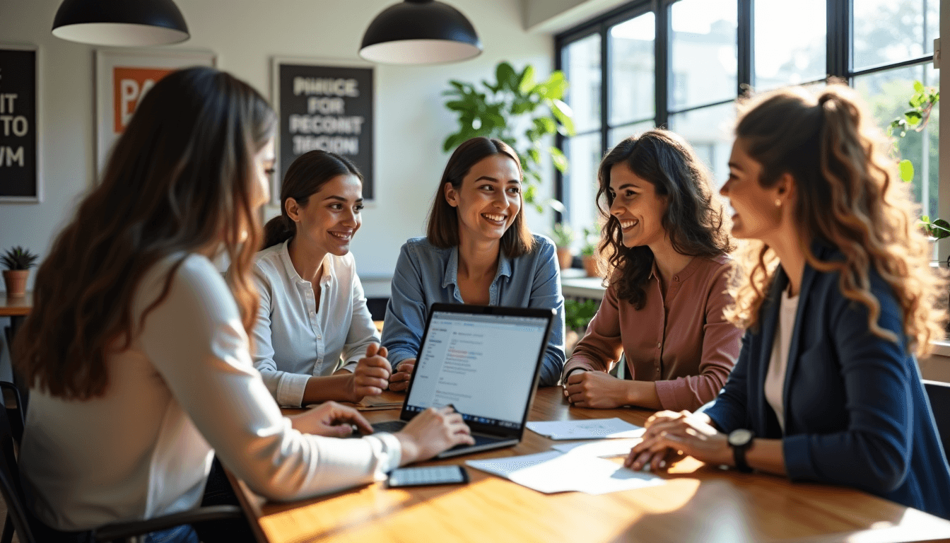 Cinq femmes souriantes réunies autour d'une table avec ordinateurs portables et tablette dans un bureau lumineux avec plantes vertes et suspensions noires.