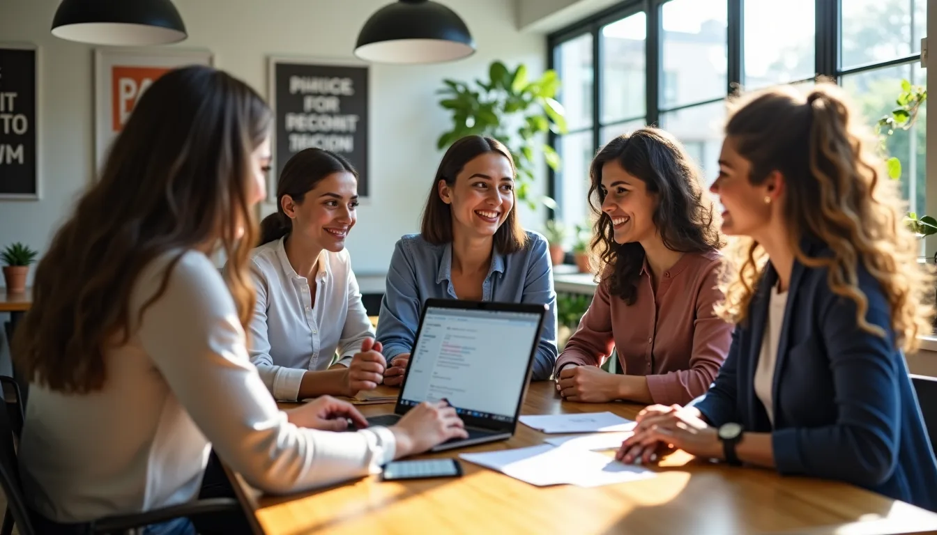 Cinq femmes souriantes réunies autour d'une table avec ordinateurs portables et tablette dans un bureau lumineux avec plantes vertes et suspensions noires.