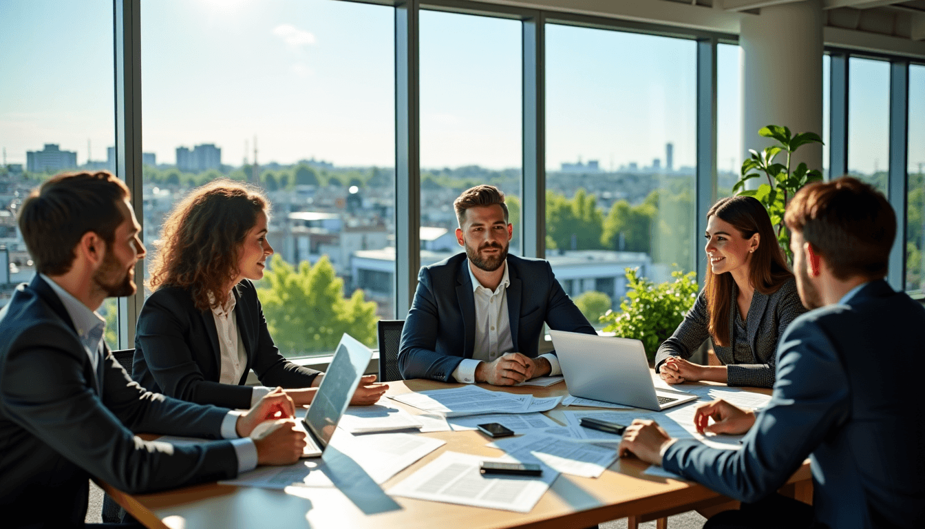 Équipe de professionnels en réunion autour d'une table dans un bureau moderne avec vue panoramique sur la ville, ordinateurs portables et documents visibles.