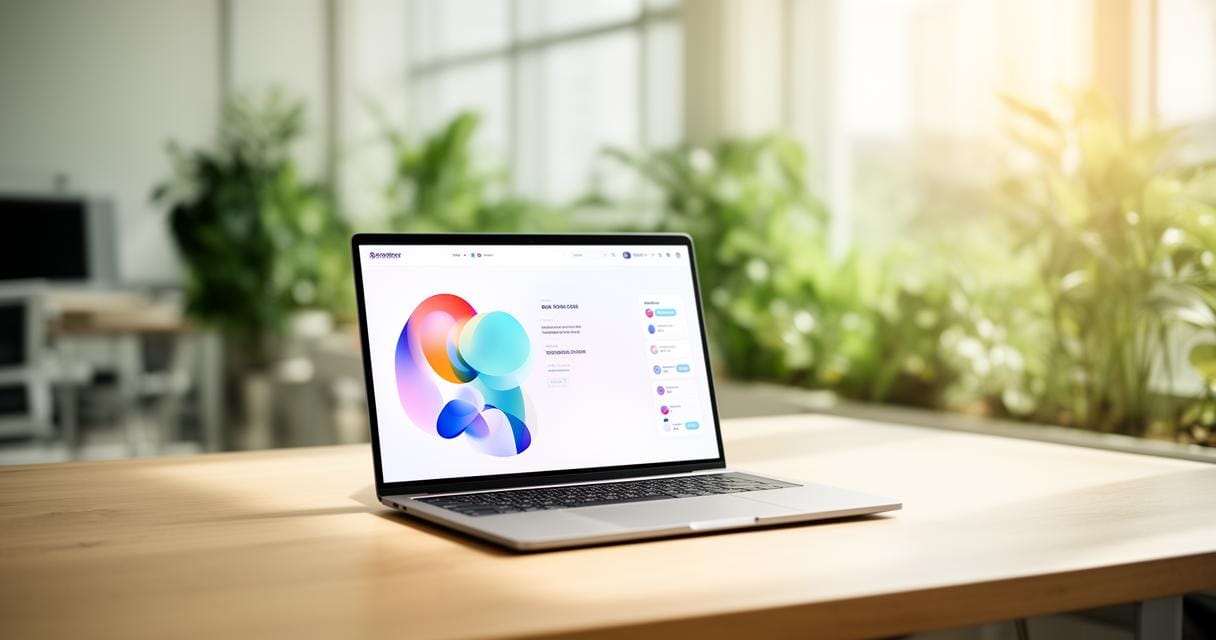 Laptop affichant un design coloré avec formes géométriques, posé sur un bureau en bois dans un bureau moderne lumineux avec plantes vertes.