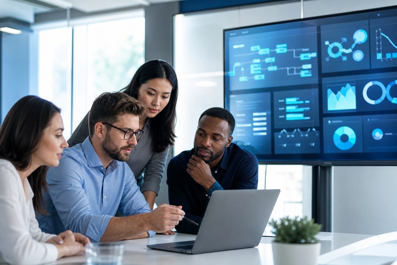 Équipe de professionnels en marketing B2B analysant des données sur un écran de monitoring, avec graphiques et analytics bleus affichés en arrière-plan dans un bureau moderne.