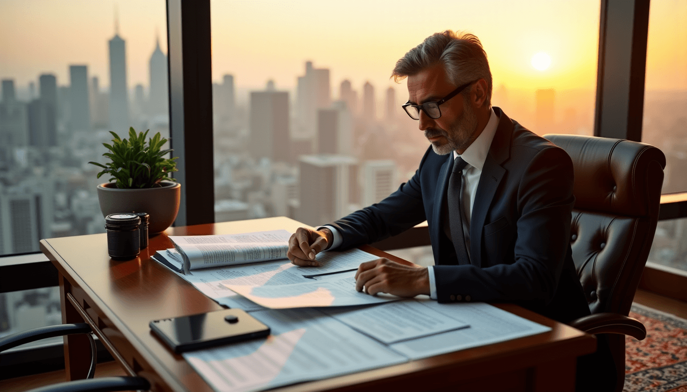 Impôt sur la fortune immobilière : les secrets de la holding pour réduire votre note 4 Homme d'affaires en costume travaillant à son bureau avec documents financiers, plante verte et skyline urbain au coucher de soleil en arrière-plan.