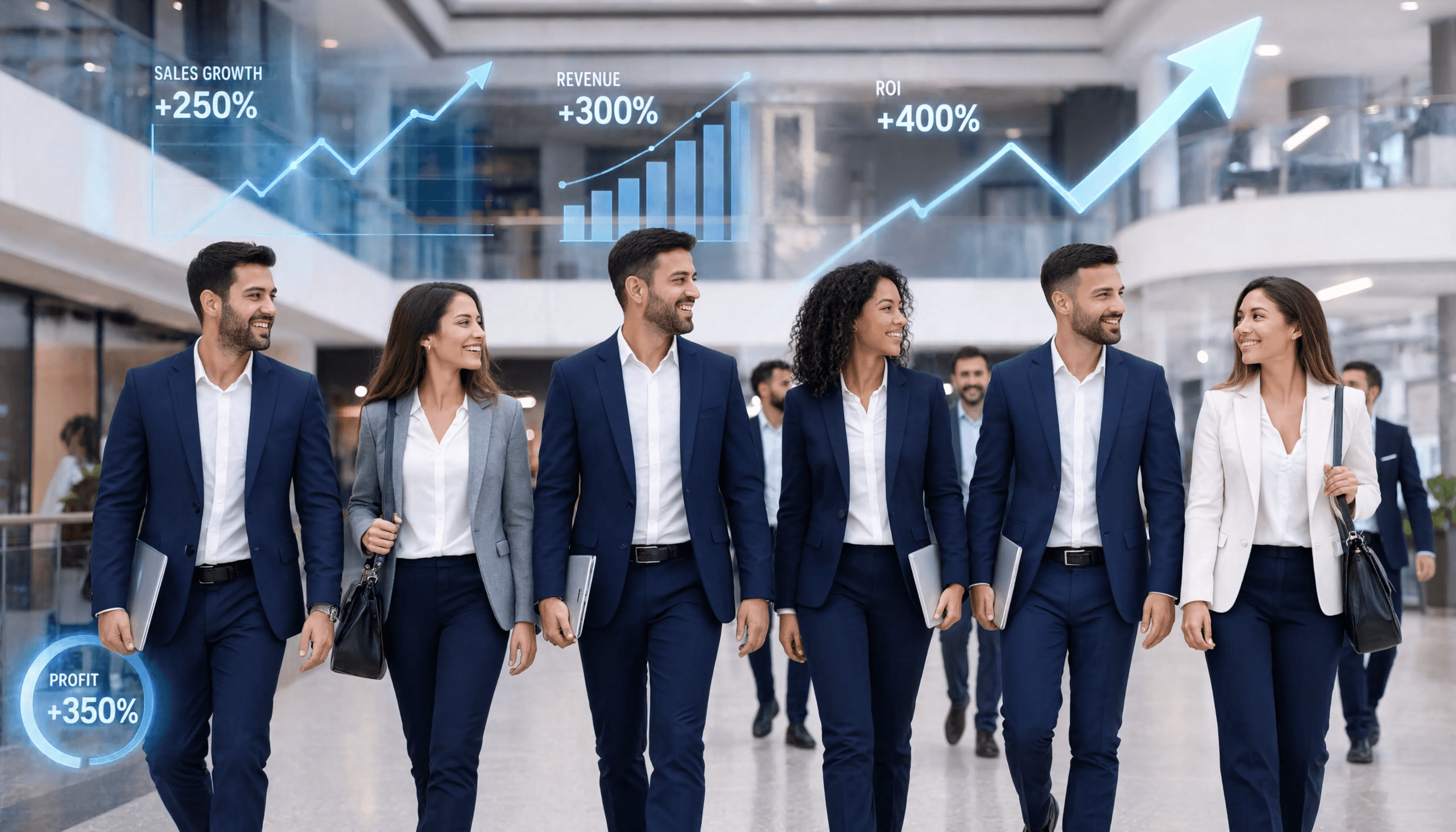 Équipe de professionnels en costumes marchant dans un bureau moderne avec graphiques de croissance affichant augmentation des ventes +250%, revenu +300%, ROI +400% et profit +350%.
