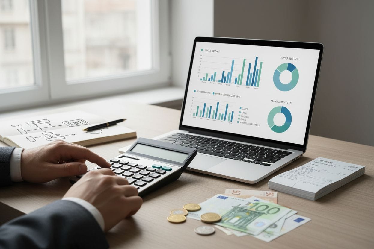 Personne utilisant une calculatrice et un ordinateur portable affichant des graphiques de revenus bruts et frais de gestion, avec billets et pièces pour évaluer le revenu net.