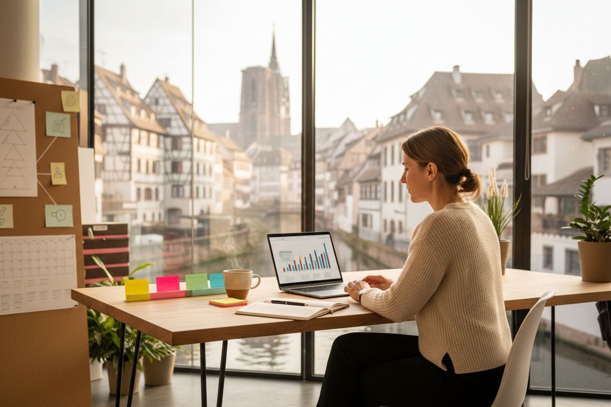 Femme travaillant sur un ordinateur portable affichant des graphiques, assis à un bureau avec vue sur l'architecture médiévale de Strasbourg en arrière-plan.
