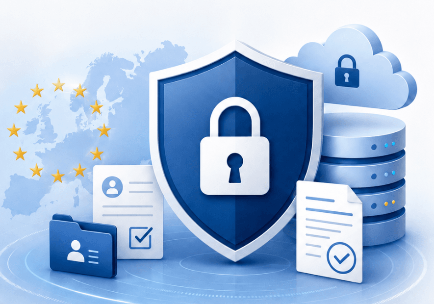 Bouclier de sécurité bleu avec cadenas blanc au centre, entouré d'une base de données cloud, de documents validés et d'une carte de l'Europe avec étoiles, représentant l'hébergement sécurisé des données.