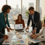 Équipe professionnelle analysant des graphiques et données commerciales autour d'une table dans un bureau moderne avec vue sur la skyline urbaine.