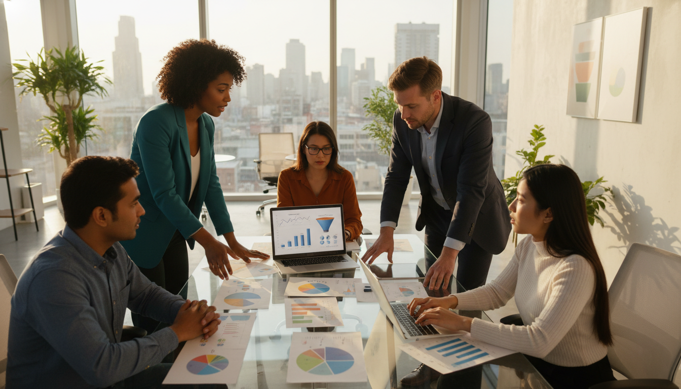 Équipe professionnelle analysant des graphiques et données commerciales autour d'une table dans un bureau moderne avec vue sur la skyline urbaine.