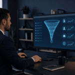 Homme en costume consultant un écran affichant un entonnoir de données analytiques avec graphiques et icônes, illustrant l'optimisation des métriques commerciales.