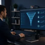 Homme en costume consultant un écran affichant un entonnoir de données analytiques avec graphiques et icônes, illustrant l'optimisation des métriques commerciales.