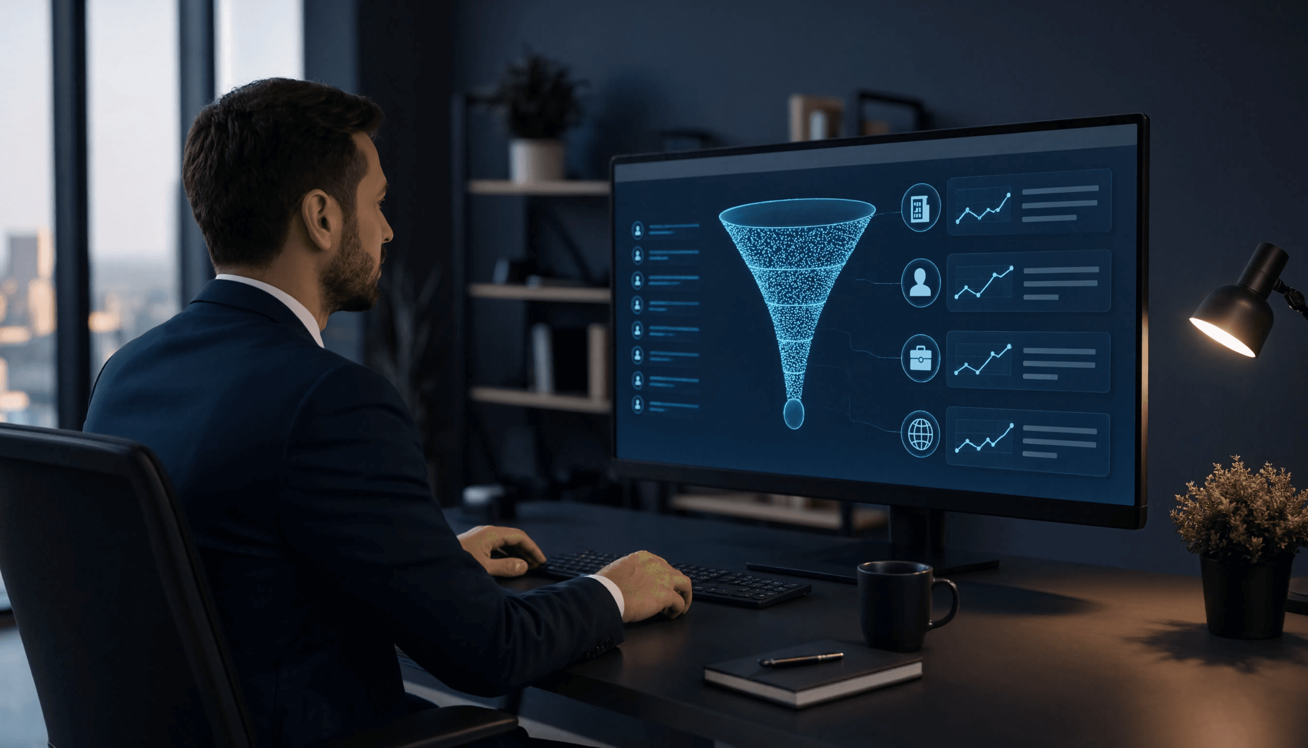 Homme en costume consultant un écran affichant un entonnoir de données analytiques avec graphiques et icônes, illustrant l'optimisation des métriques commerciales.