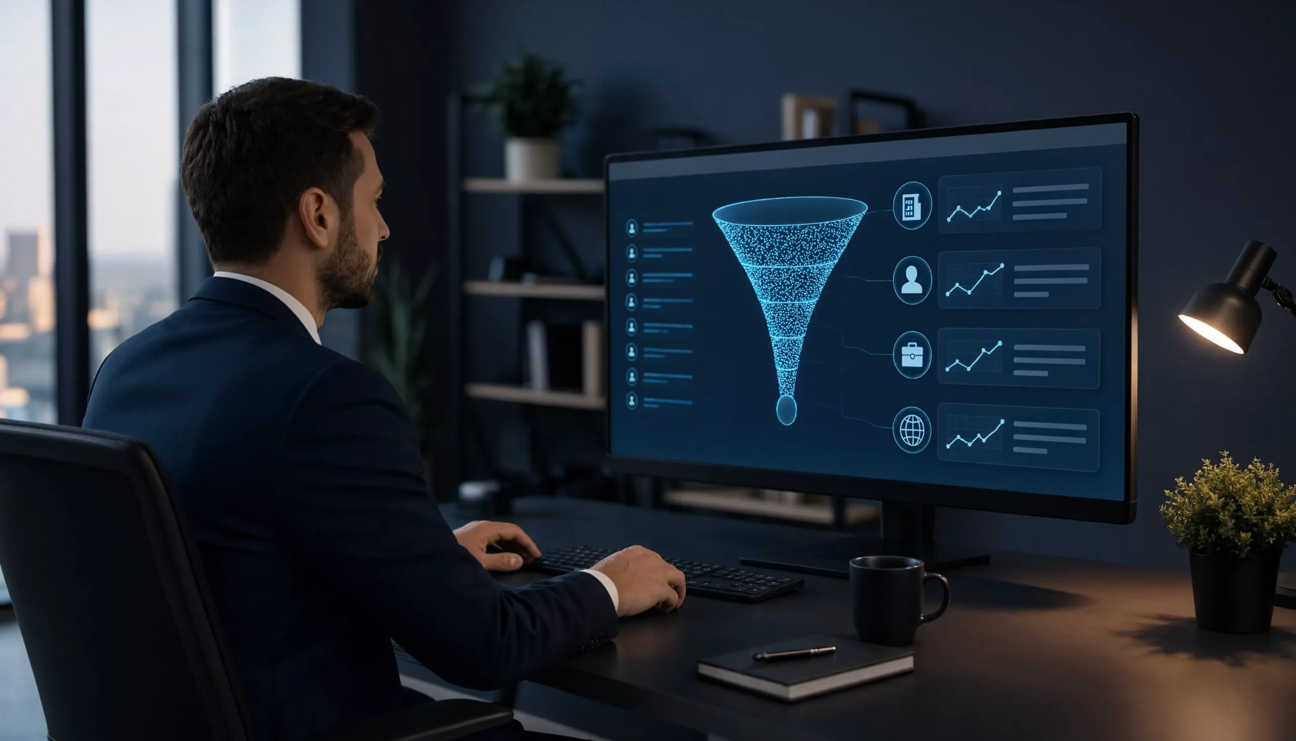 Taux de réponse en cold outbound : vous optimisez probablement le mauvais levier 5 Homme en costume consultant un écran affichant un entonnoir de données analytiques avec graphiques et icônes, illustrant l'optimisation des métriques commerciales.