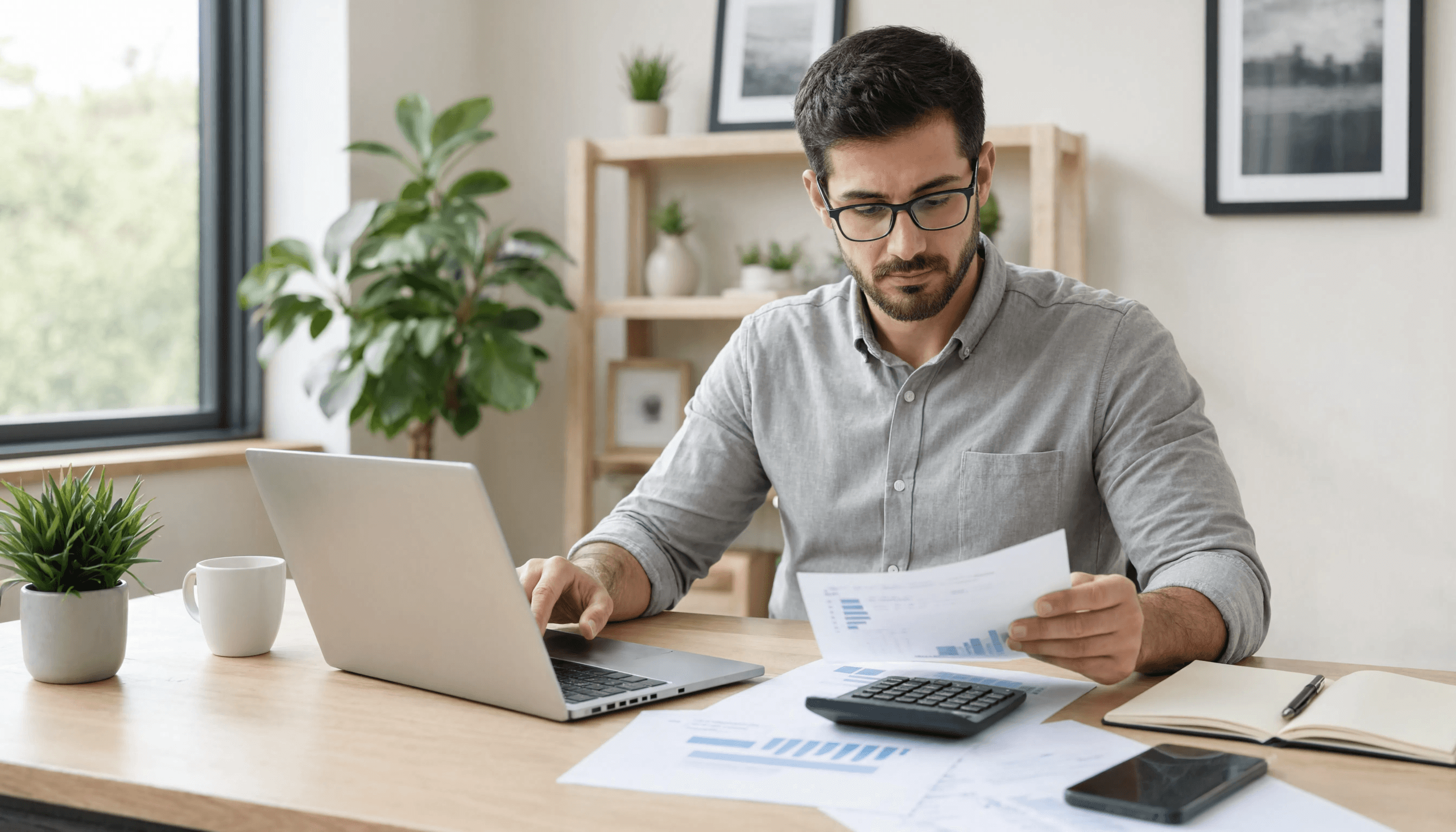 Homme avec lunettes travaillant sur son ordinateur portable à un bureau, examinant des documents de facturation avec graphiques bleus, entouré de plantes et d'une tasse.