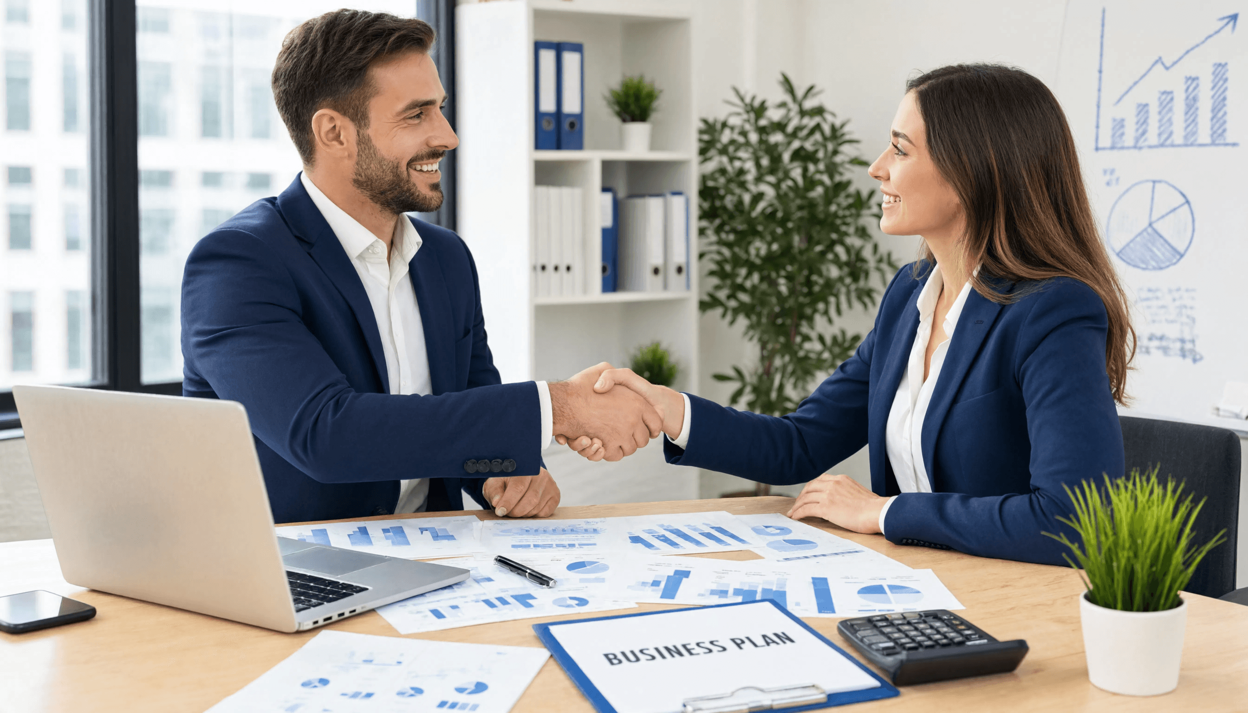 Deux professionnels en costume bleu se serrent la main dans un bureau moderne, avec documents de plan d'affaires et graphiques sur le bureau.