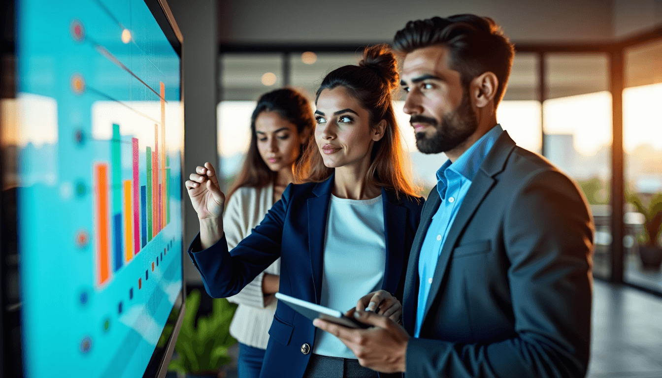Équipe professionnelle analysant des graphiques colorés sur écran tactile en environnement de bureau moderne, illustrant l'analyse de données et la stratégie commerciale B2B.