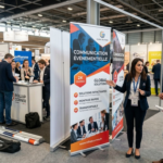 Stand d'exposition avec banneau roll-up publicitaire présentant solutions de communication événementielle, agents en conversation avec visiteurs dans hall professionnel.