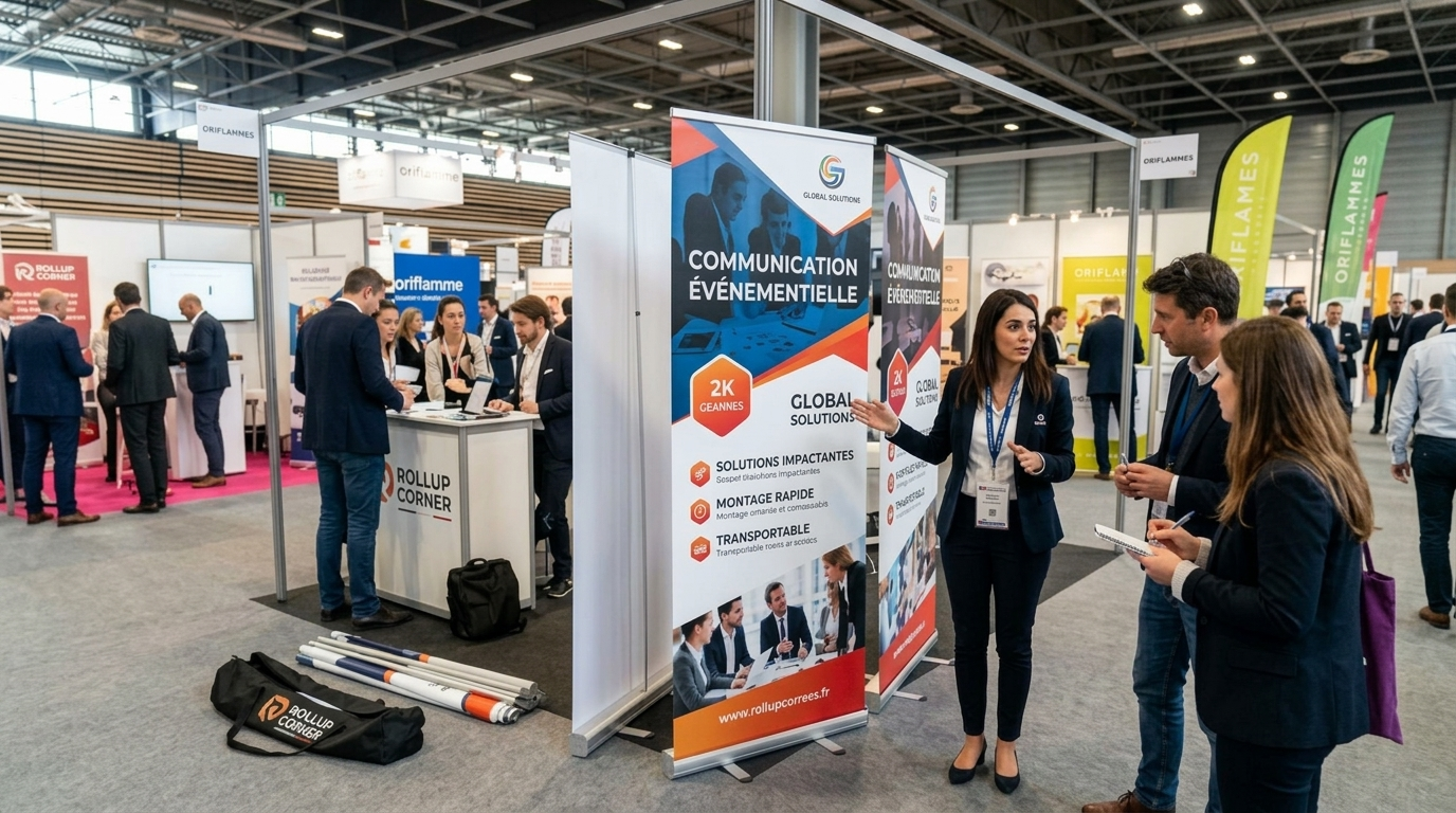 Stand d'exposition avec banneau roll-up publicitaire présentant solutions de communication événementielle, agents en conversation avec visiteurs dans hall professionnel.
