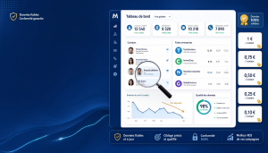 Tableau de bord prospection B2B affichant statistiques de contacts, entreprises avec effectifs, prix par contact, qualité données à 98%, et évolution tarifaire mensuelle.