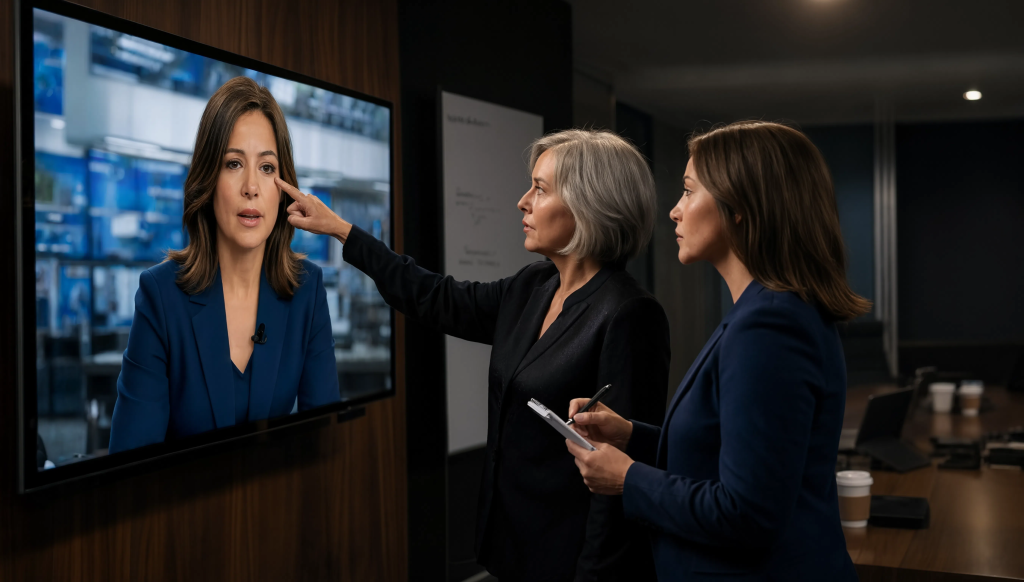 Deux femmes en costumes professionnels regardent un écran affichant une femme en entretien médiatique, illustrant la formation aux médias et la préparation à la communication.