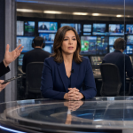 Femme en blazer bleu assise au bureau d'un studio télévision, interviewée par une présentatrice en noir, avec écrans et caméras en arrière-plan.