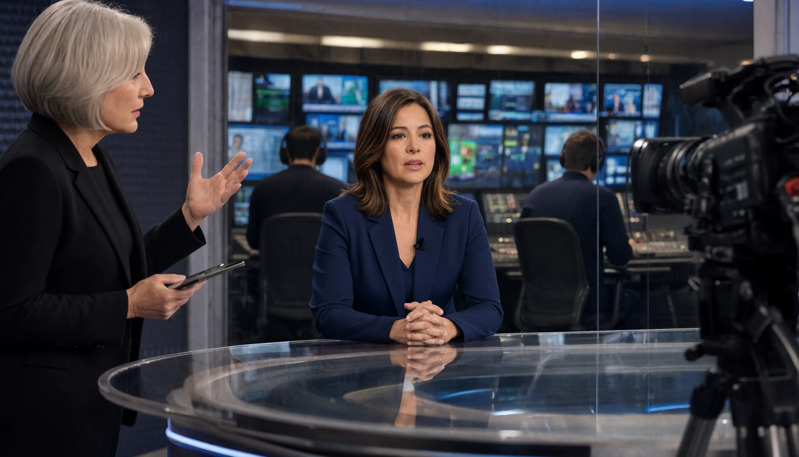 Femme en blazer bleu assise au bureau d'un studio télévision, interviewée par une présentatrice en noir, avec écrans et caméras en arrière-plan.