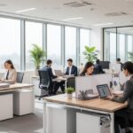 Open space de bureaux lumineux avec des professionnels en tenue d'affaires travaillant sur ordinateur, entourés de plantes vertes et de grandes baies vitrées, illustrant un cabinet d'expertise comptable moderne.