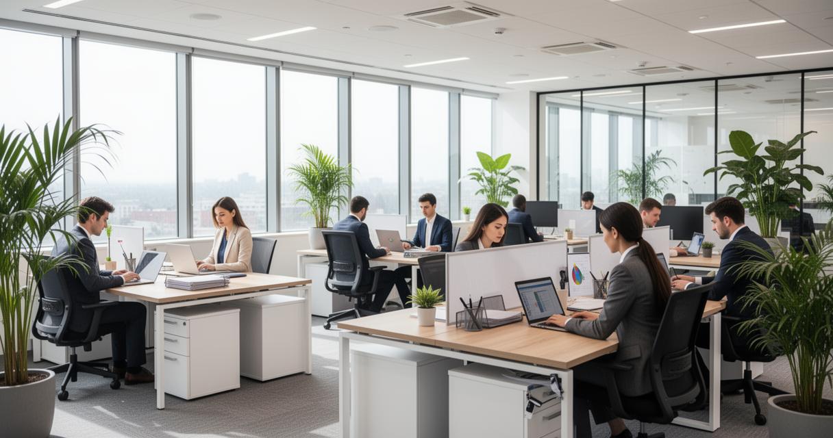 Open space de bureaux lumineux avec des professionnels en tenue d'affaires travaillant sur ordinateur, entourés de plantes vertes et de grandes baies vitrées, illustrant un cabinet d'expertise comptable moderne.