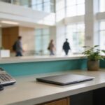 Bureau d'accueil moderne avec téléphone et ordinateur portable sur le comptoir turquoise, plante verte, personnes floutées en arrière-plan dans un hall lumineux aux grandes fenêtres.