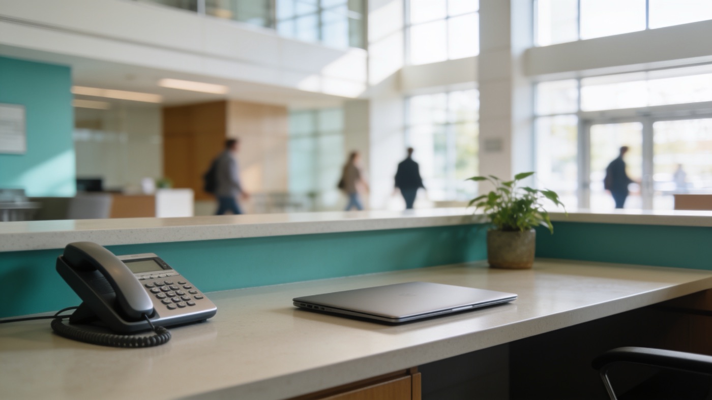 Bureau d'accueil moderne avec téléphone et ordinateur portable sur le comptoir turquoise, plante verte, personnes floutées en arrière-plan dans un hall lumineux aux grandes fenêtres.