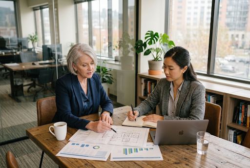 Coaching de dirigeant de PME : quand et comment choisir ? 1 Deux femmes professionnelles examinent des plans et graphiques sur un bureau en bois dans un bureau moderne avec vue sur la ville et plantes vertes.